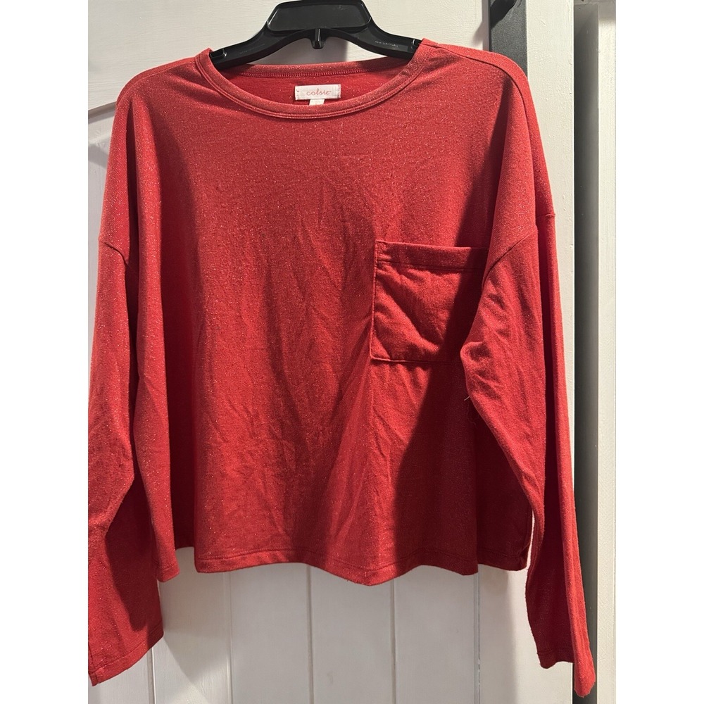 Colsie Womens Red Sparkle Long Sleeve Cropped Top Pocket Holiday L